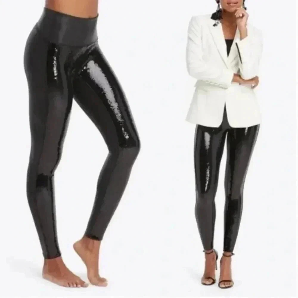 Spanx Faux Leather Sequin Black Leggings